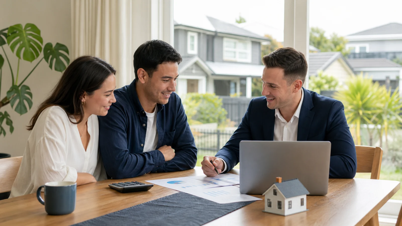 A New Zealand couple reviewing borrowing capacity with a mortgage adviser.