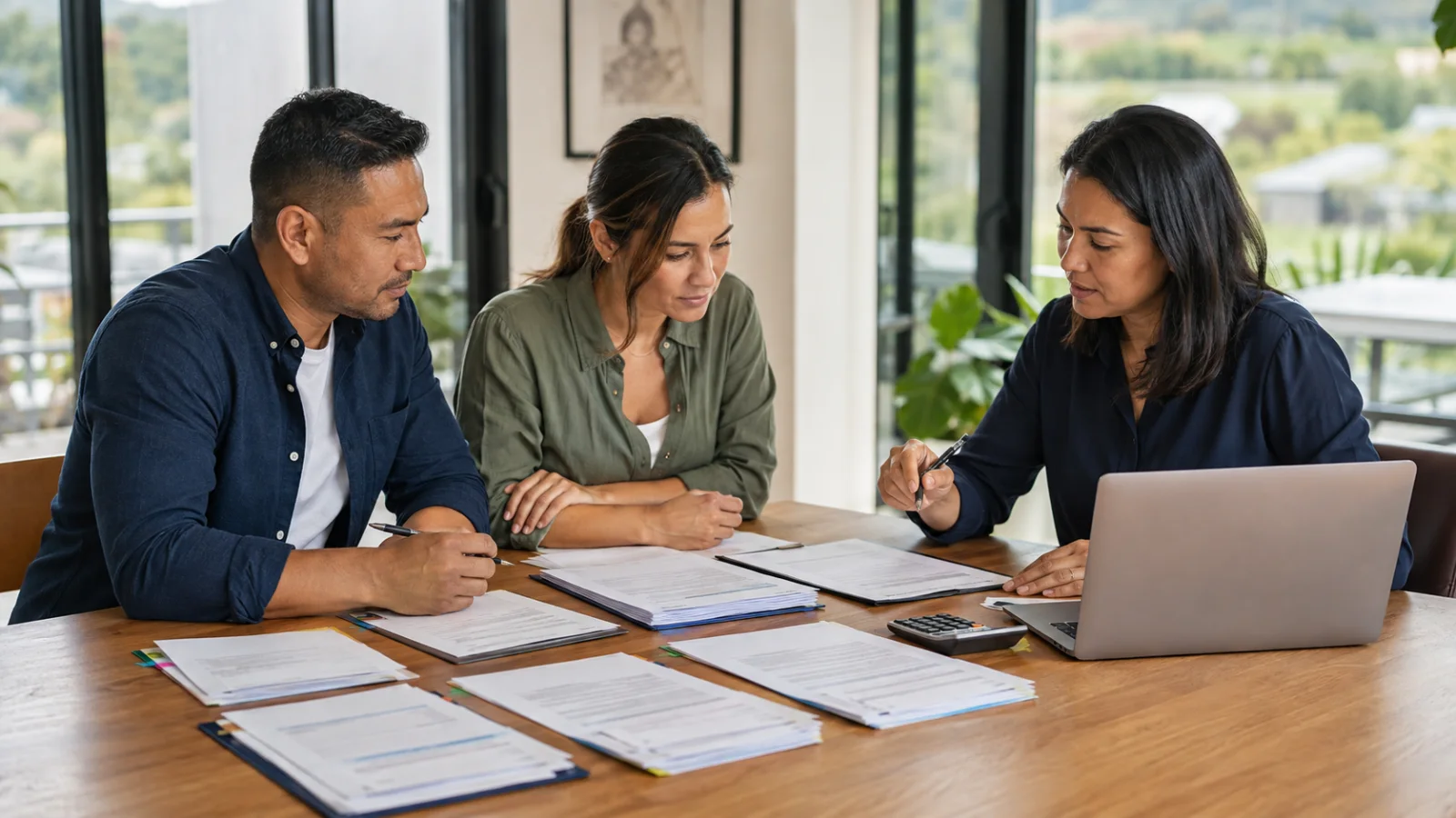 A New Zealand couple organising home-loan documents with a mortgage adviser.