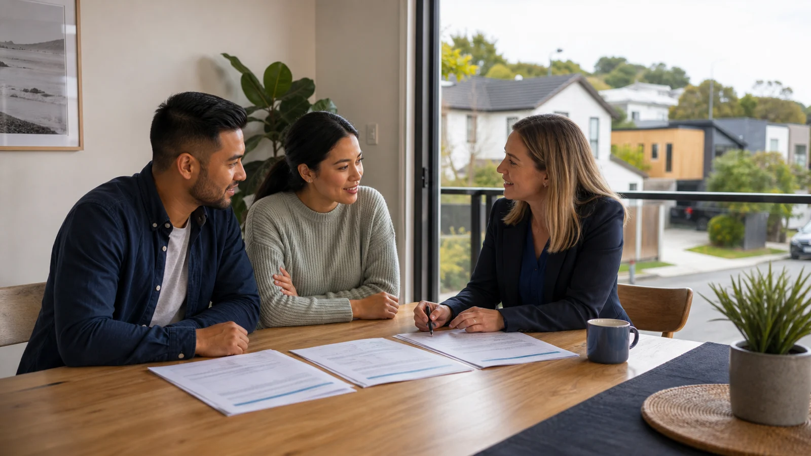 Papakura home buyers reviewing a home loan application with a mortgage adviser.