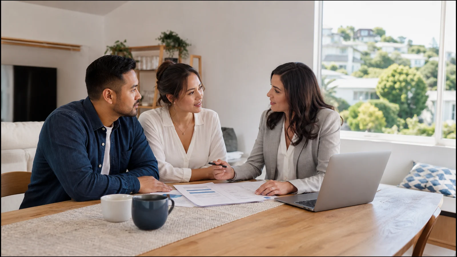 Auckland homeowners comparing home loan options with a mortgage adviser.