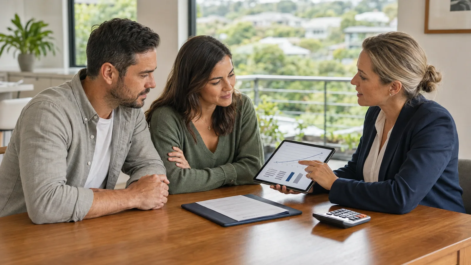 New Zealand borrowers reviewing a mortgage test-rate calculation with an adviser.