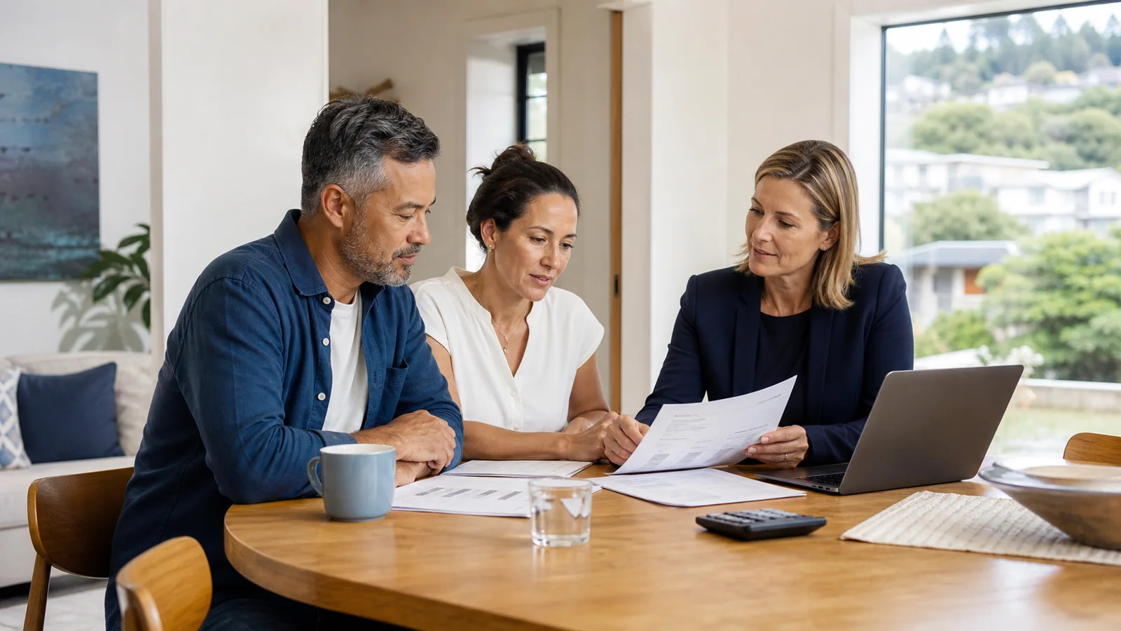 New Zealand homeowners reviewing mortgage refinancing options with an adviser.